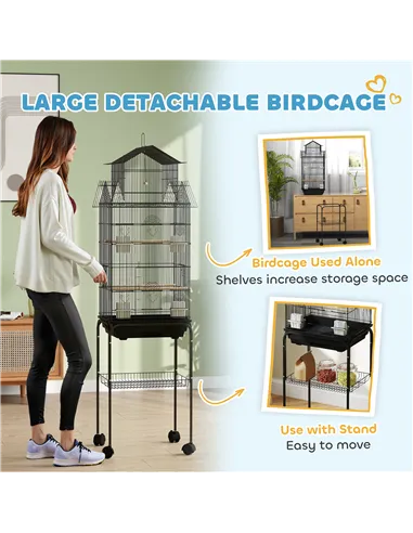 PawHut Metal Bird Cage with Plastic Swing, Perch, Food Container, Tray, Handle, for Finches, Canaries, Budgies, 43 x 32.5 x 163