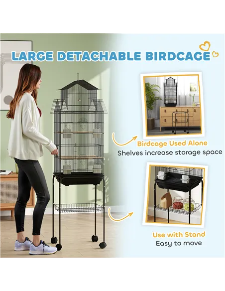 PawHut Metal Bird Cage with Plastic Swing, Perch, Food Container, Tray, Handle, for Finches, Canaries, Budgies, 43 x 32.5 x 163