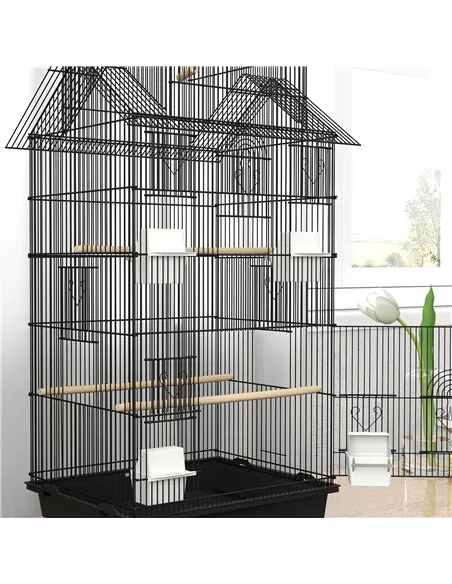 PawHut Metal Bird Cage with Plastic Swing, Perch, Food Container, Tray, Handle, for Finches, Canaries, Budgies, 43 x 32.5 x 163