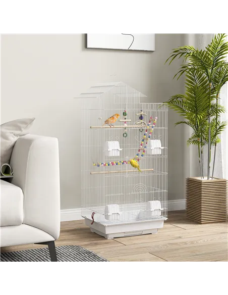 PawHut Bird Cage for Budgies, Finches, Canaries w/ Accessories, Toys, Tray, White