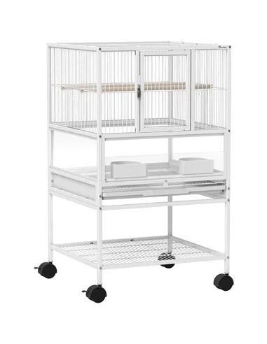 PawHut Bird Cage with Rolling Stand, Acrylic Viewing Panels, Storage Shelf, for Budgie, Parakeet, 48 x 46 x 83 cm