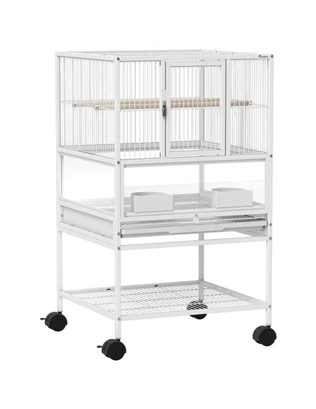 PawHut Bird Cage with Rolling Stand, Acrylic Viewing Panels, Storage Shelf, for Budgie, Parakeet, 48 x 46 x 83 cm
