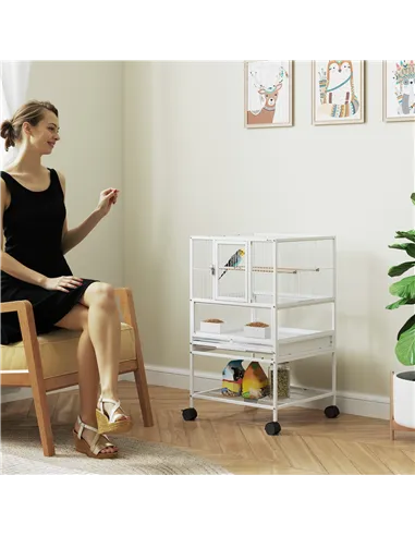 PawHut Bird Cage with Rolling Stand, Acrylic Viewing Panels, Storage Shelf, for Budgie, Parakeet, 48 x 46 x 83 cm