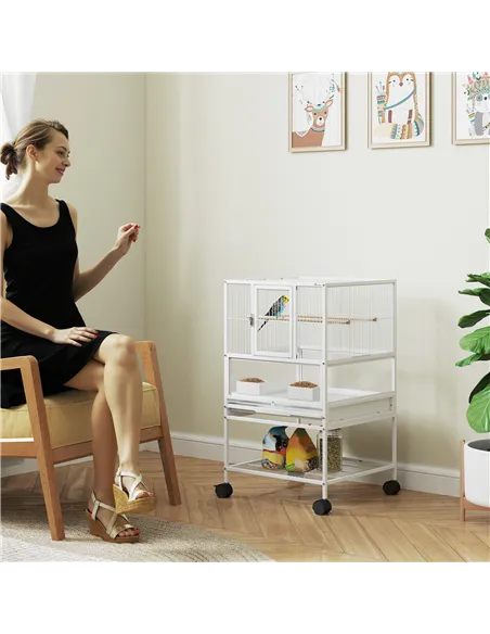 PawHut Bird Cage with Rolling Stand, Acrylic Viewing Panels, Storage Shelf, for Budgie, Parakeet, 48 x 46 x 83 cm