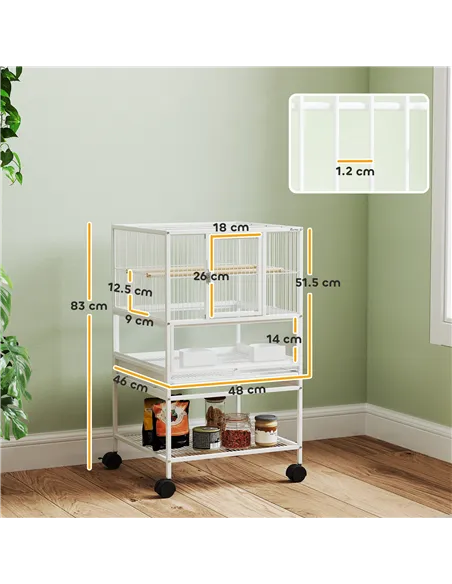 PawHut Bird Cage with Rolling Stand, Acrylic Viewing Panels, Storage Shelf, for Budgie, Parakeet, 48 x 46 x 83 cm