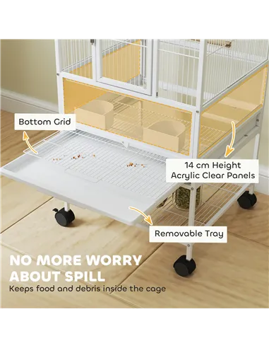 PawHut Bird Cage with Rolling Stand, Acrylic Viewing Panels, Storage Shelf, for Budgie, Parakeet, 48 x 46 x 83 cm