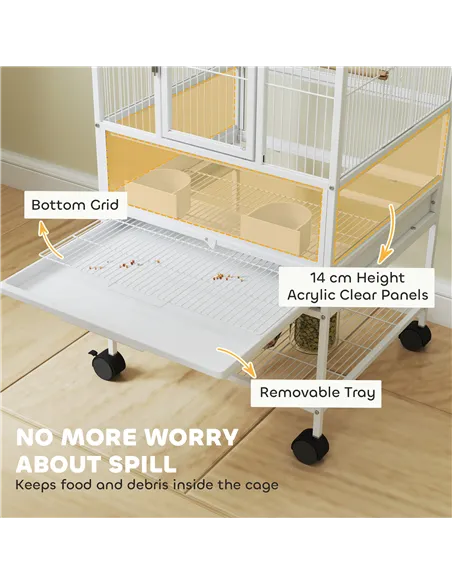 PawHut Bird Cage with Rolling Stand, Acrylic Viewing Panels, Storage Shelf, for Budgie, Parakeet, 48 x 46 x 83 cm