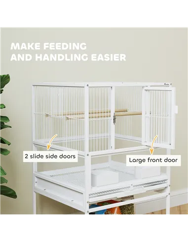 PawHut Bird Cage with Rolling Stand, Acrylic Viewing Panels, Storage Shelf, for Budgie, Parakeet, 48 x 46 x 83 cm