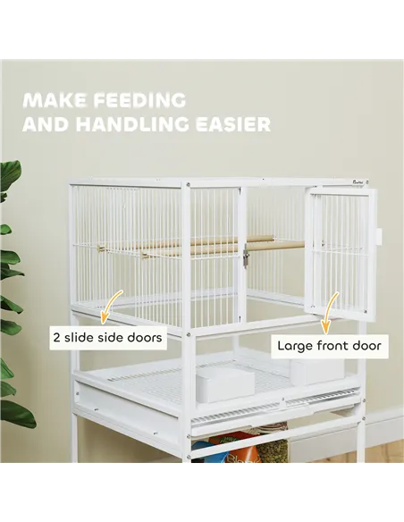 PawHut Bird Cage with Rolling Stand, Acrylic Viewing Panels, Storage Shelf, for Budgie, Parakeet, 48 x 46 x 83 cm
