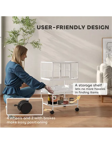 PawHut Bird Cage with Rolling Stand, Acrylic Viewing Panels, Storage Shelf, for Budgie, Parakeet, 48 x 46 x 83 cm