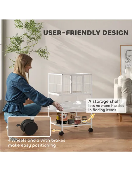 PawHut Bird Cage with Rolling Stand, Acrylic Viewing Panels, Storage Shelf, for Budgie, Parakeet, 48 x 46 x 83 cm