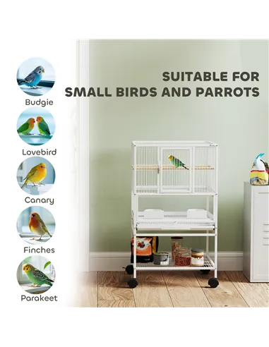 PawHut Bird Cage with Rolling Stand, Acrylic Viewing Panels, Storage Shelf, for Budgie, Parakeet, 48 x 46 x 83 cm