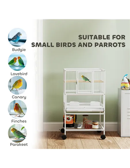 PawHut Bird Cage with Rolling Stand, Acrylic Viewing Panels, Storage Shelf, for Budgie, Parakeet, 48 x 46 x 83 cm