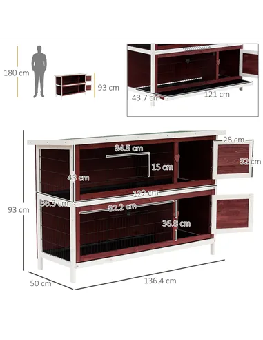 PawHut Rabbit Hutch Outdoor 2-Tier Guinea Pig Cage Bunny House Cage with No-Leak Trays for Indoor and Outdoor 136 x 50 x 93cm