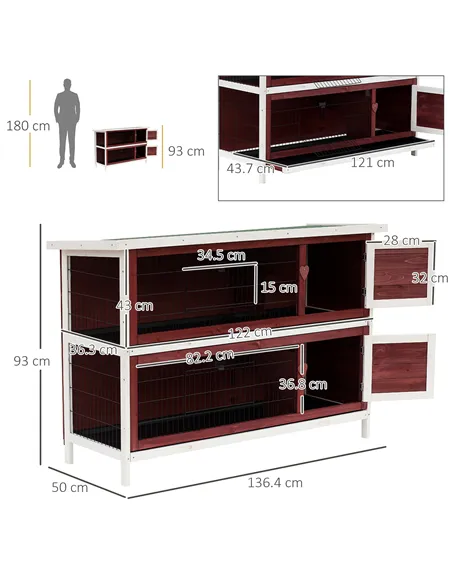 PawHut Rabbit Hutch Outdoor 2-Tier Guinea Pig Cage Bunny House Cage with No-Leak Trays for Indoor and Outdoor 136 x 50 x 93cm