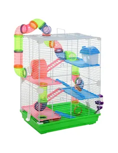 PawHut 5 Tier Hamster Cage Carrier Habitat w/ Exercise Wheels, Tunnel, Green