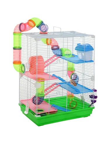 PawHut 5 Tier Hamster Cage Carrier Habitat w/ Exercise Wheels, Tunnel, Green