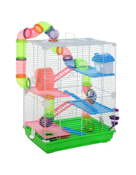 PawHut 5 Tier Hamster Cage Carrier Habitat w/ Exercise Wheels, Tunnel, Green
