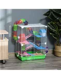 PawHut 5 Tier Hamster Cage Carrier Habitat w/ Exercise Wheels, Tunnel, Green 2
