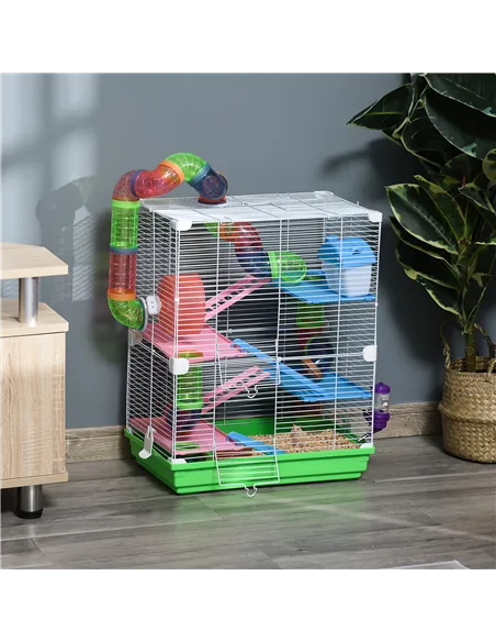 PawHut 5 Tier Hamster Cage Carrier Habitat w/ Exercise Wheels, Tunnel, Green