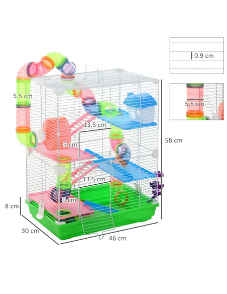 PawHut 5 Tier Hamster Cage Carrier Habitat w/ Exercise Wheels, Tunnel, Green