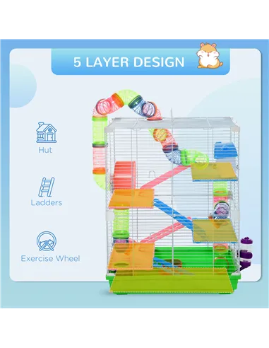 PawHut 5 Tier Hamster Cage Carrier Habitat w/ Exercise Wheels, Tunnel, Green