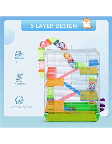 PawHut 5 Tier Hamster Cage Carrier Habitat w/ Exercise Wheels, Tunnel, Green