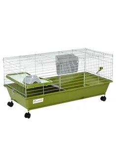 PawHut Small Animal Cage Rabbit Guinea Pigs Chinchillas Cage w/ Wheels Water Bottle Food Dish Platform Ramp 89 x 44 x 43 cm Gree
