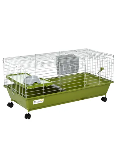 PawHut Small Animal Cage Rabbit Guinea Pigs Chinchillas Cage w/ Wheels Water Bottle Food Dish Platform Ramp 89 x 44 x 43 cm Gree