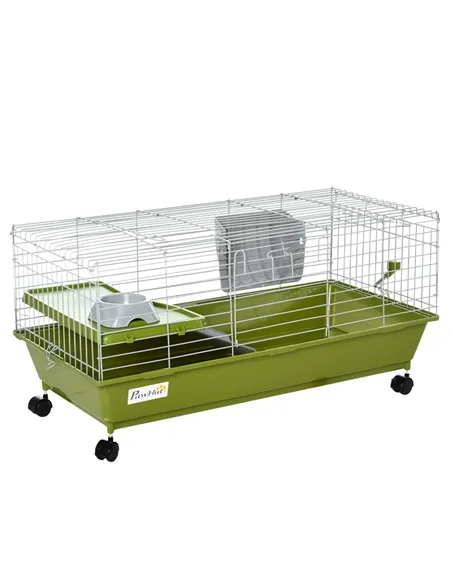 PawHut Small Animal Cage Rabbit Guinea Pigs Chinchillas Cage w/ Wheels Water Bottle Food Dish Platform Ramp 89 x 44 x 43 cm Gree