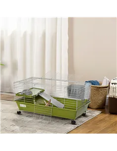 PawHut Small Animal Cage Rabbit Guinea Pigs Chinchillas Cage w/ Wheels Water Bottle Food Dish Platform Ramp 89 x 44 x 43 cm Gree 2