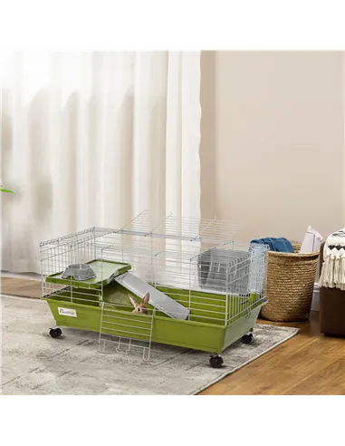 PawHut Small Animal Cage Rabbit Guinea Pigs Chinchillas Cage w/ Wheels Water Bottle Food Dish Platform Ramp 89 x 44 x 43 cm Gree
