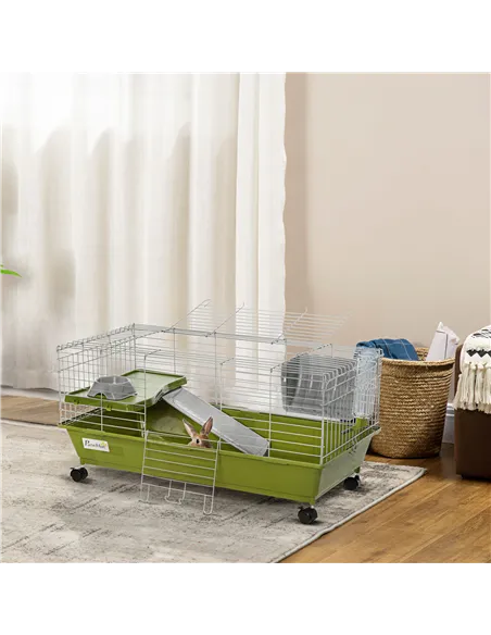 PawHut Small Animal Cage Rabbit Guinea Pigs Chinchillas Cage w/ Wheels Water Bottle Food Dish Platform Ramp 89 x 44 x 43 cm Gree
