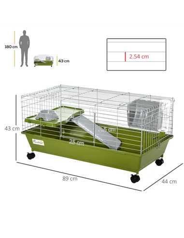 PawHut Small Animal Cage Rabbit Guinea Pigs Chinchillas Cage w/ Wheels Water Bottle Food Dish Platform Ramp 89 x 44 x 43 cm Gree