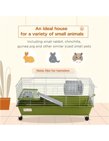 PawHut Small Animal Cage Rabbit Guinea Pigs Chinchillas Cage w/ Wheels Water Bottle Food Dish Platform Ramp 89 x 44 x 43 cm Gree