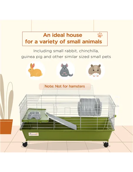 PawHut Small Animal Cage Rabbit Guinea Pigs Chinchillas Cage w/ Wheels Water Bottle Food Dish Platform Ramp 89 x 44 x 43 cm Gree