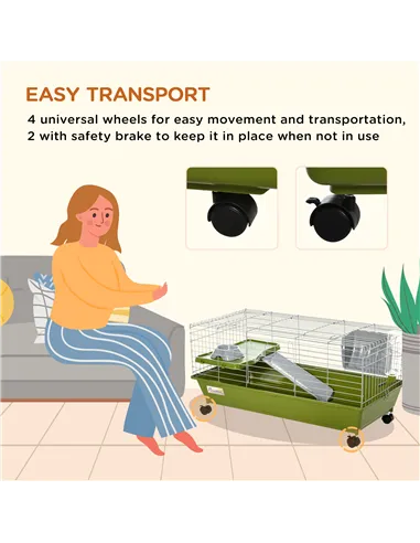 PawHut Small Animal Cage Rabbit Guinea Pigs Chinchillas Cage w/ Wheels Water Bottle Food Dish Platform Ramp 89 x 44 x 43 cm Gree