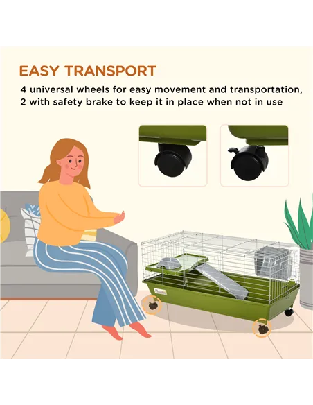 PawHut Small Animal Cage Rabbit Guinea Pigs Chinchillas Cage w/ Wheels Water Bottle Food Dish Platform Ramp 89 x 44 x 43 cm Gree