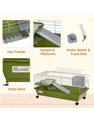 PawHut Small Animal Cage Rabbit Guinea Pigs Chinchillas Cage w/ Wheels Water Bottle Food Dish Platform Ramp 89 x 44 x 43 cm Gree
