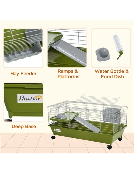 PawHut Small Animal Cage Rabbit Guinea Pigs Chinchillas Cage w/ Wheels Water Bottle Food Dish Platform Ramp 89 x 44 x 43 cm Gree