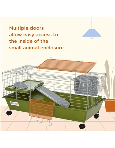 PawHut Small Animal Cage Rabbit Guinea Pigs Chinchillas Cage w/ Wheels Water Bottle Food Dish Platform Ramp 89 x 44 x 43 cm Gree