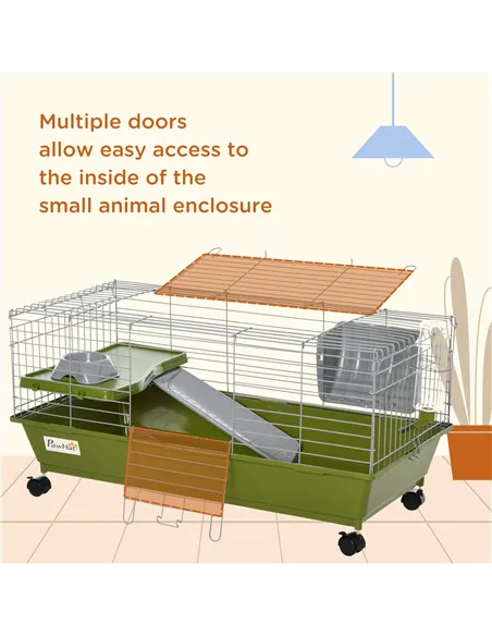 PawHut Small Animal Cage Rabbit Guinea Pigs Chinchillas Cage w/ Wheels Water Bottle Food Dish Platform Ramp 89 x 44 x 43 cm Gree