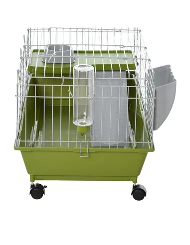 PawHut Small Animal Cage Rabbit Guinea Pigs Chinchillas Cage w/ Wheels Water Bottle Food Dish Platform Ramp 89 x 44 x 43 cm Gree
