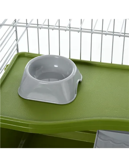 PawHut Small Animal Cage Rabbit Guinea Pigs Chinchillas Cage w/ Wheels Water Bottle Food Dish Platform Ramp 89 x 44 x 43 cm Gree