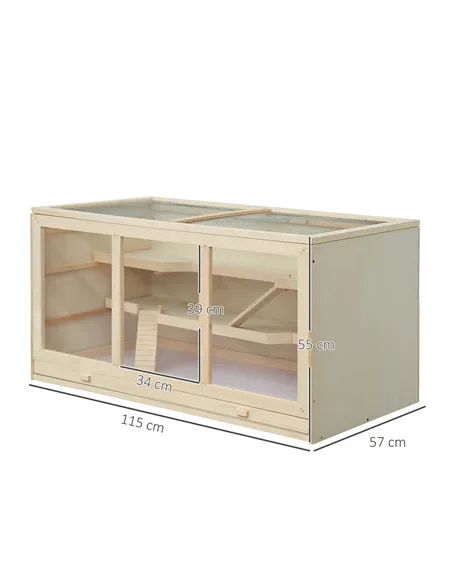 PawHut Wooden Hamster Cage, Small Animals Hutch with Tray, Openable Top, Exercise Play House Pen, 115L x 57W x 55Hcm, Natural