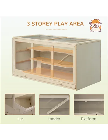 PawHut Wooden Hamster Cage, Small Animals Hutch with Tray, Openable Top, Exercise Play House Pen, 115L x 57W x 55Hcm, Natural