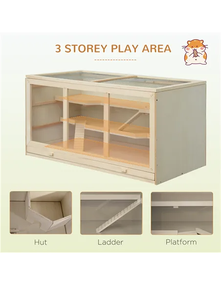 PawHut Wooden Hamster Cage, Small Animals Hutch with Tray, Openable Top, Exercise Play House Pen, 115L x 57W x 55Hcm, Natural