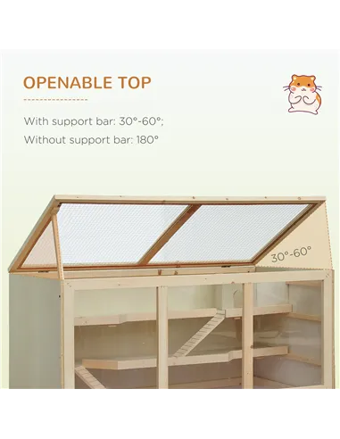 PawHut Wooden Hamster Cage, Small Animals Hutch with Tray, Openable Top, Exercise Play House Pen, 115L x 57W x 55Hcm, Natural
