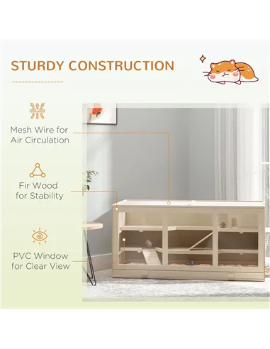 PawHut Wooden Hamster Cage, Small Animals Hutch with Tray, Openable Top, Exercise Play House Pen, 115L x 57W x 55Hcm, Natural