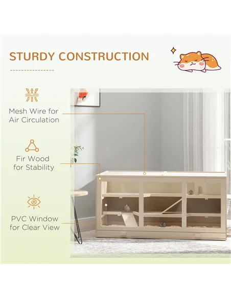 PawHut Wooden Hamster Cage, Small Animals Hutch with Tray, Openable Top, Exercise Play House Pen, 115L x 57W x 55Hcm, Natural